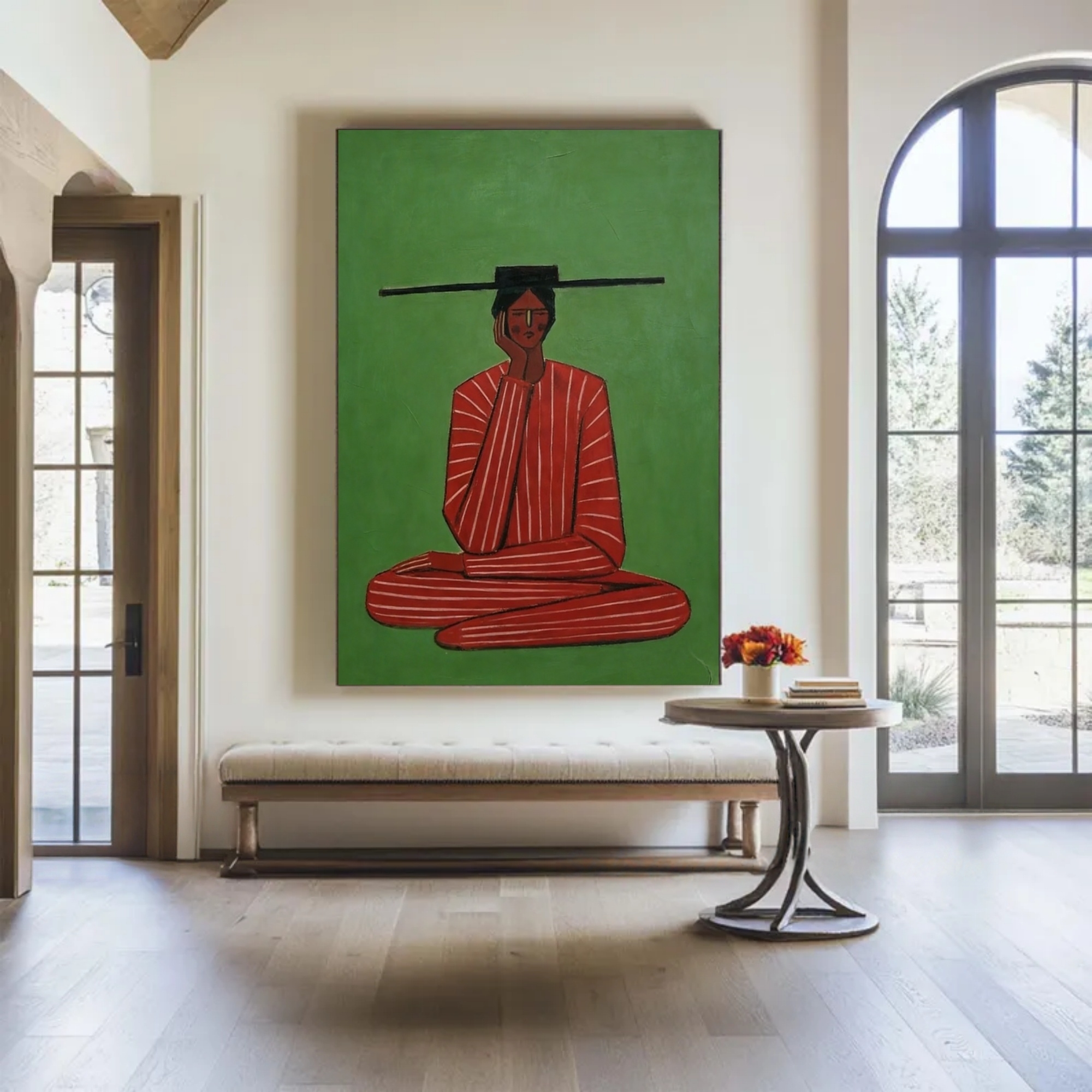 Serene Figure in Red and Green Harmony