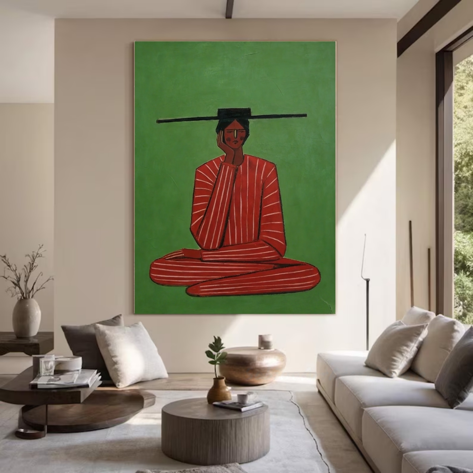 Serene Figure in Red and Green Harmony