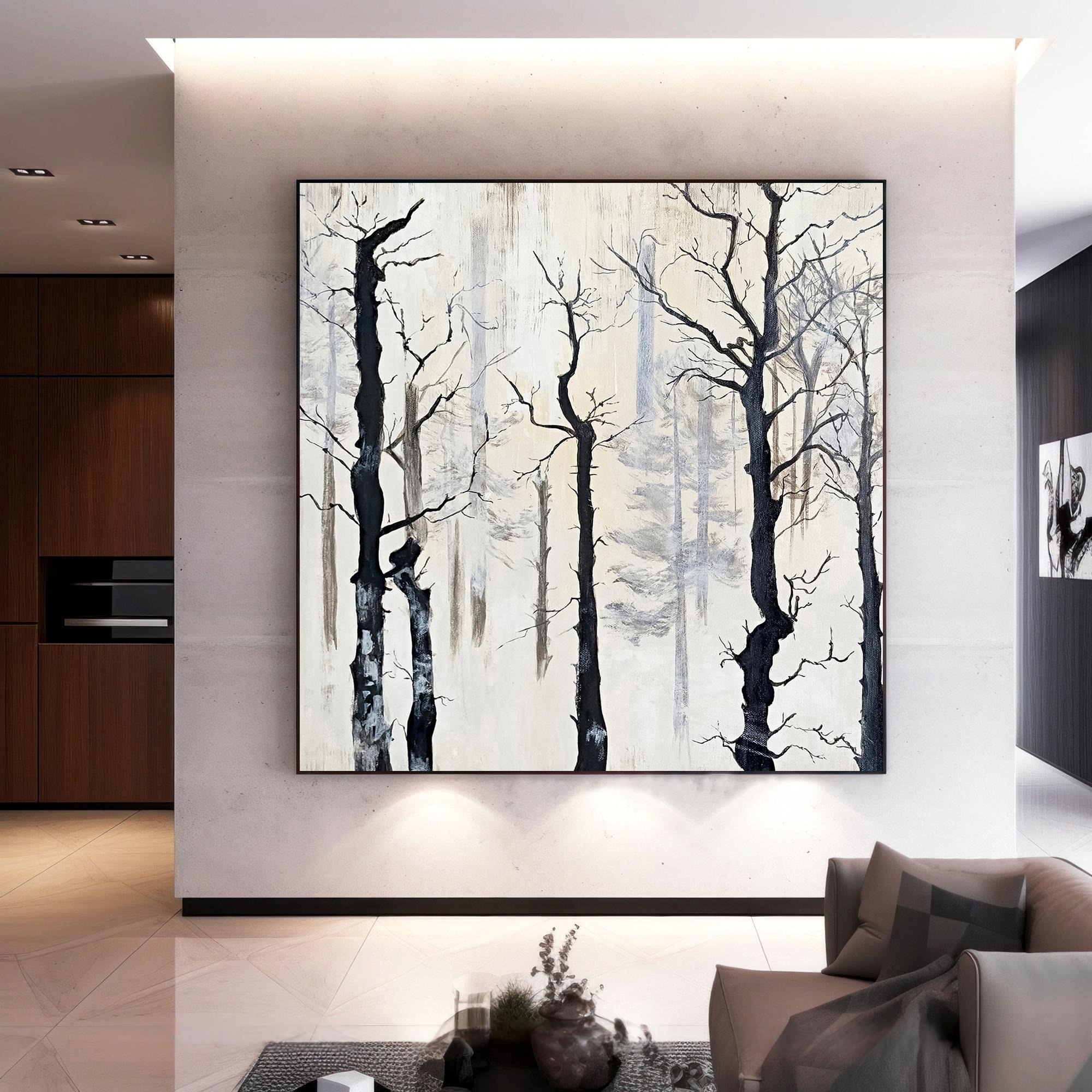Whispers of Winter–Minimalist Forest Oil Painting