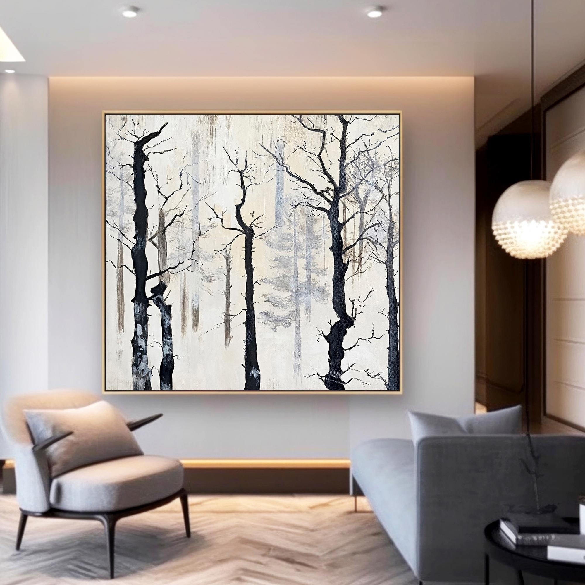 Whispers of Winter–Minimalist Forest Oil Painting