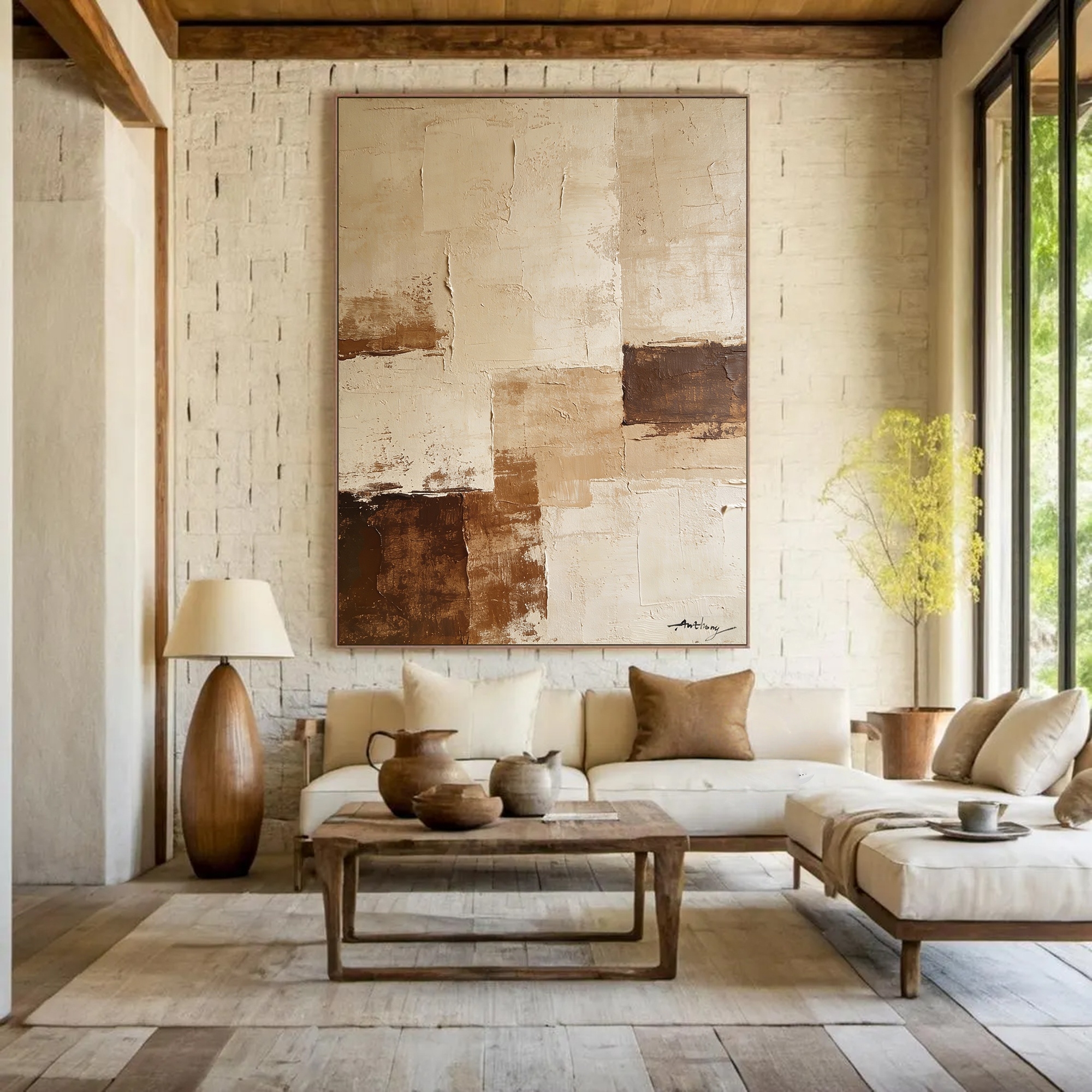 Muted Earth Tones – Abstract Geometric Oil Artwork