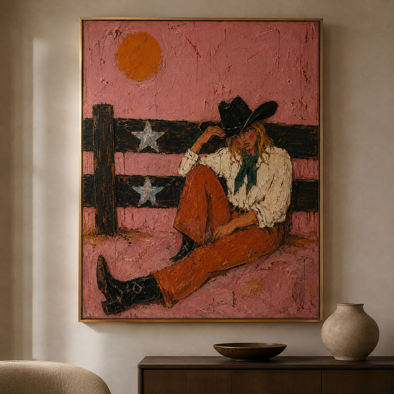 Rustic Cowgirl Portrait on Canvas