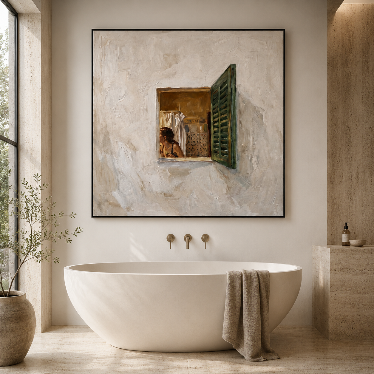 Hand-Painted Open Window Canvas | Textured Neutral Wall Decor
