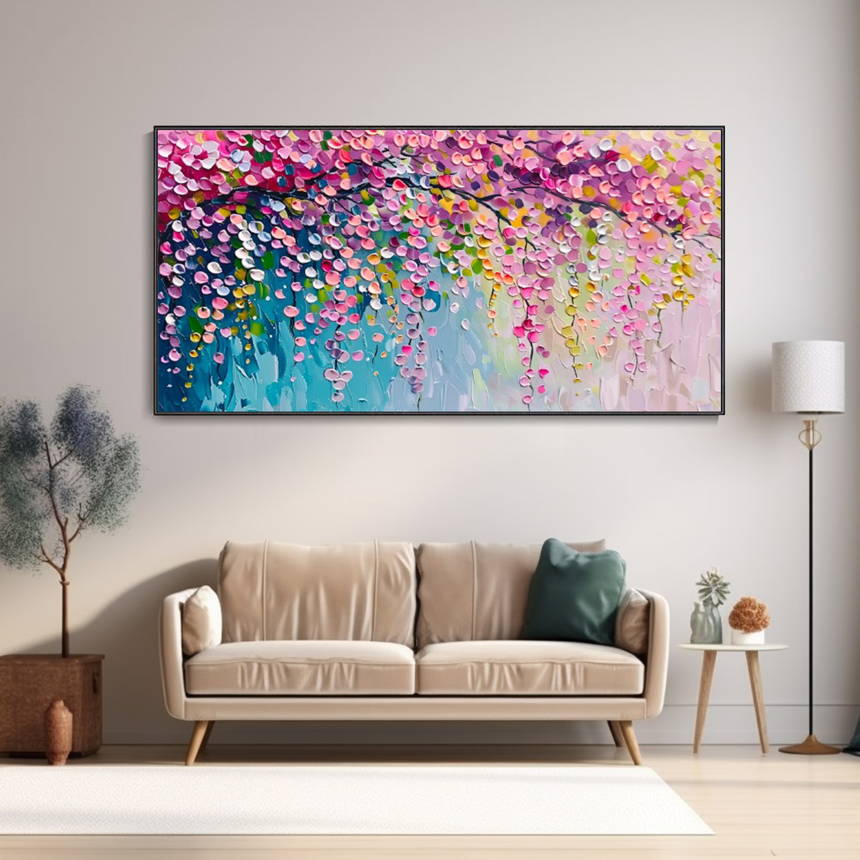 Modern abstract floral painting in pink, purple, and blue tones hanging above a beige sofa in a contemporary living room.