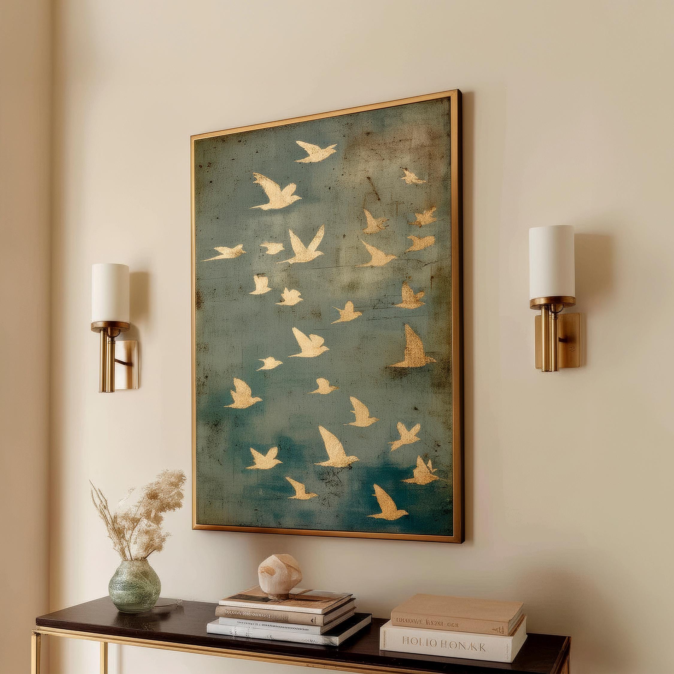 Golden Flight – Vintage Bird Flock Artwork