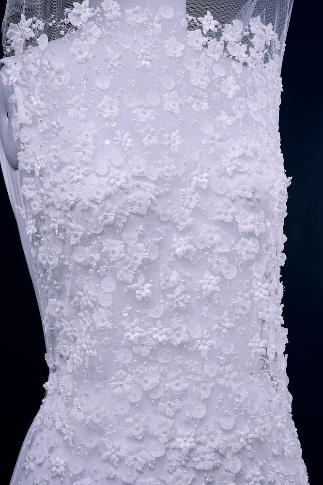 Luxury embroidered 3D floral tulle fabric Stunning 3D petal fabric with crystal pearl sparkling sequin wedding dress