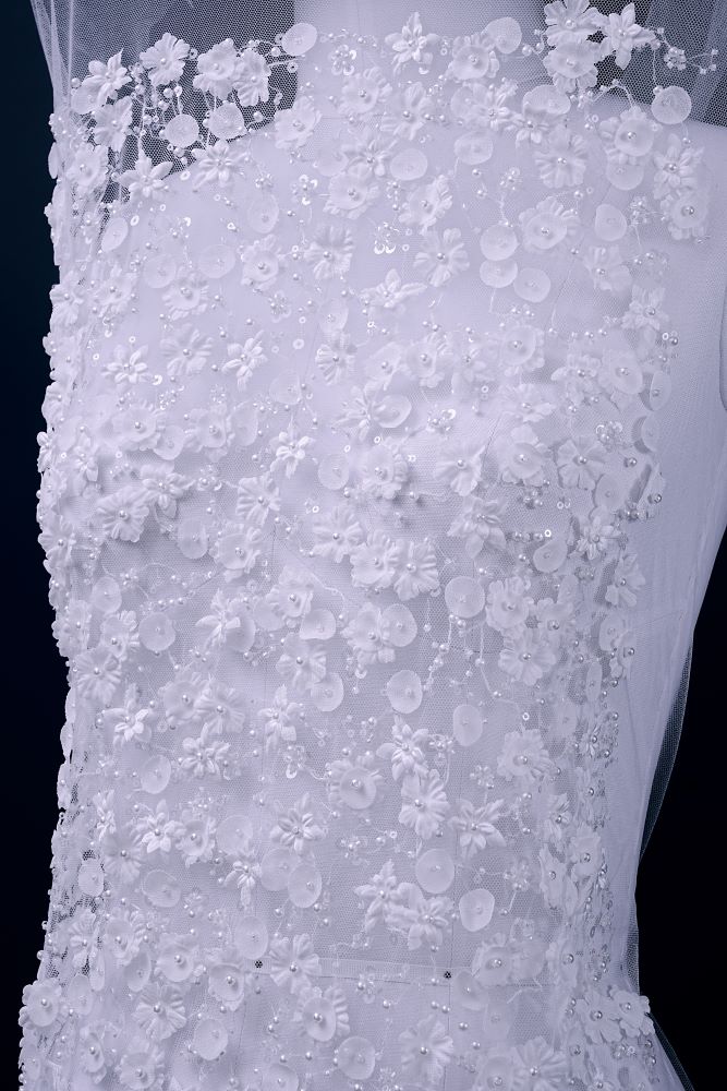 Luxury embroidered 3D floral tulle fabric Stunning 3D petal fabric with crystal pearl sparkling sequin wedding dress