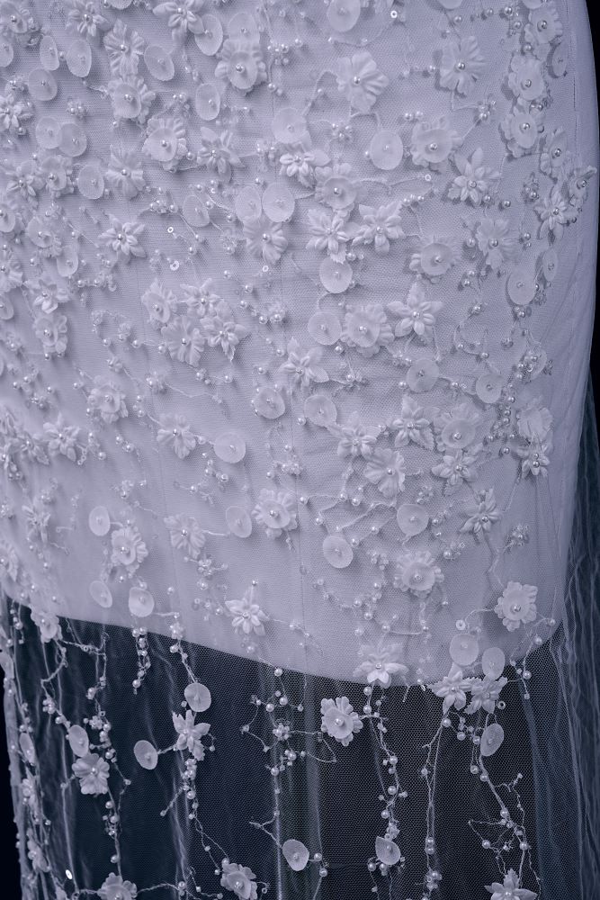 Luxury embroidered 3D floral tulle fabric Stunning 3D petal fabric with crystal pearl sparkling sequin wedding dress