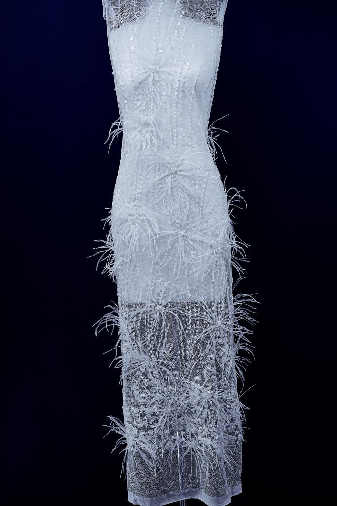 Elegant 3D floral beaded tulle fabric with uncontaminated feathers sparkling sequin bridal gown