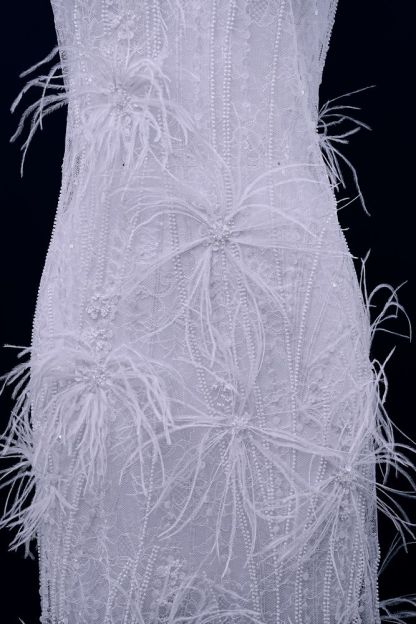 Elegant 3D floral beaded tulle fabric with uncontaminated feathers sparkling sequin bridal gown