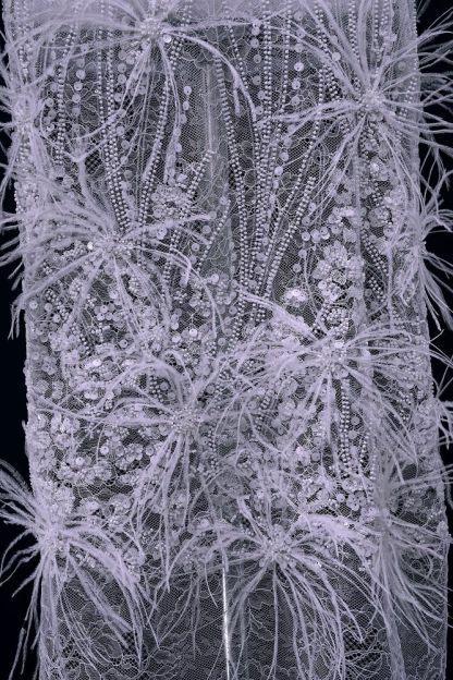 Elegant 3D floral beaded tulle fabric with uncontaminated feathers sparkling sequin bridal gown