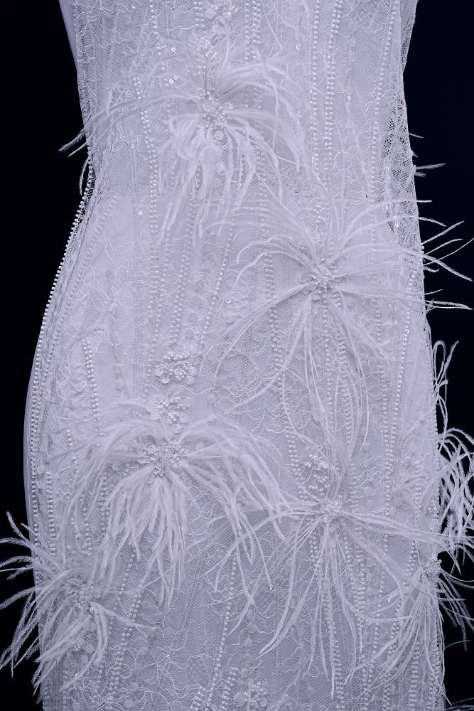Elegant 3D floral beaded tulle fabric with uncontaminated feathers sparkling sequin bridal gown