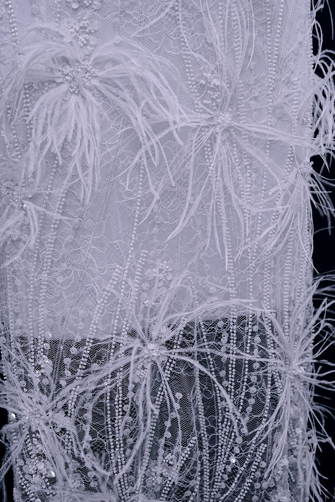 Elegant 3D floral beaded tulle fabric with uncontaminated feathers sparkling sequin bridal gown