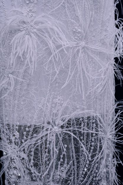 Elegant 3D floral beaded tulle fabric with uncontaminated feathers sparkling sequin bridal gown