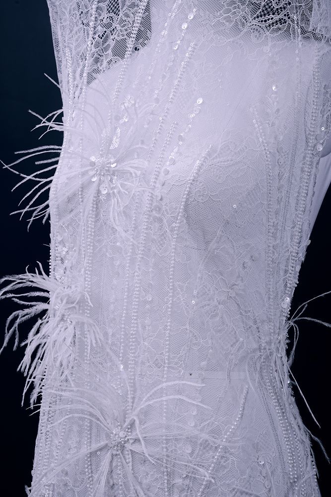 Elegant 3D floral beaded tulle fabric with uncontaminated feathers sparkling sequin bridal gown