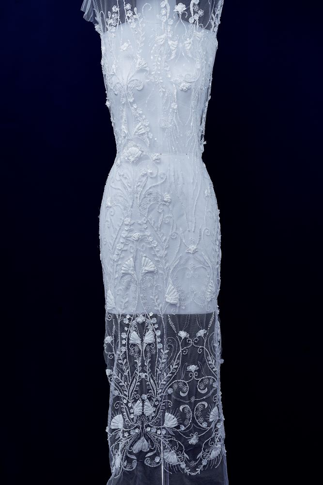 Stunning 3D Floral Embroidery Fabric With Crystal Bead Petal Tulle Mesh Fabric Glitter Wedding Dress