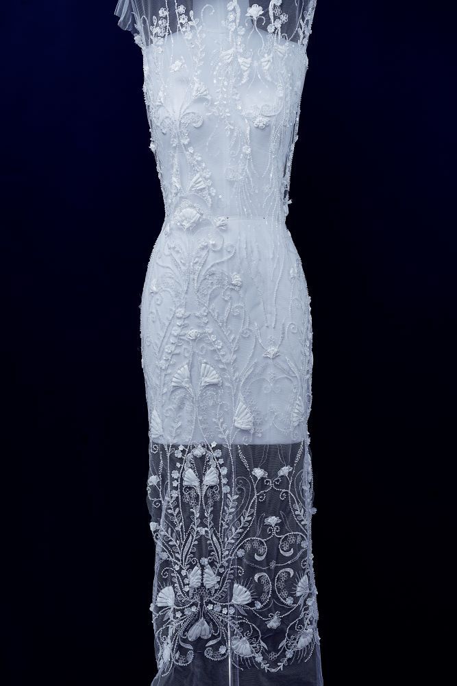 Stunning 3D Floral Embroidery Fabric With Crystal Bead Petal Tulle Mesh Fabric Glitter Wedding Dress