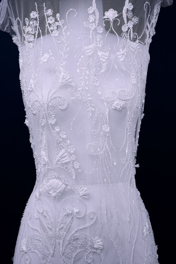 Stunning 3D Floral Embroidery Fabric With Crystal Bead Petal Tulle Mesh Fabric Glitter Wedding Dress