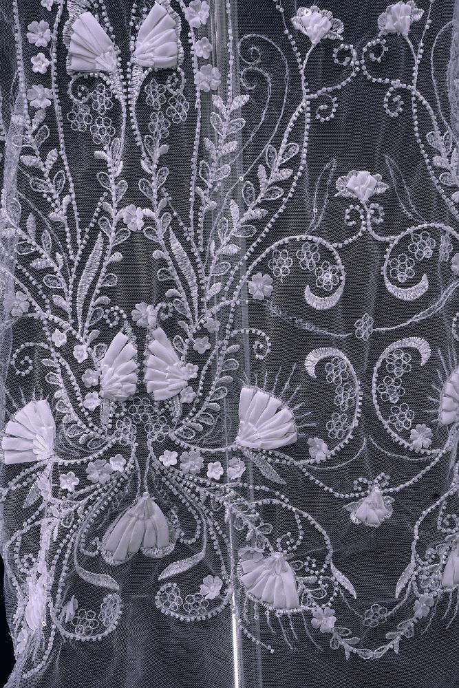 Stunning 3D Floral Embroidery Fabric With Crystal Bead Petal Tulle Mesh Fabric Glitter Wedding Dress