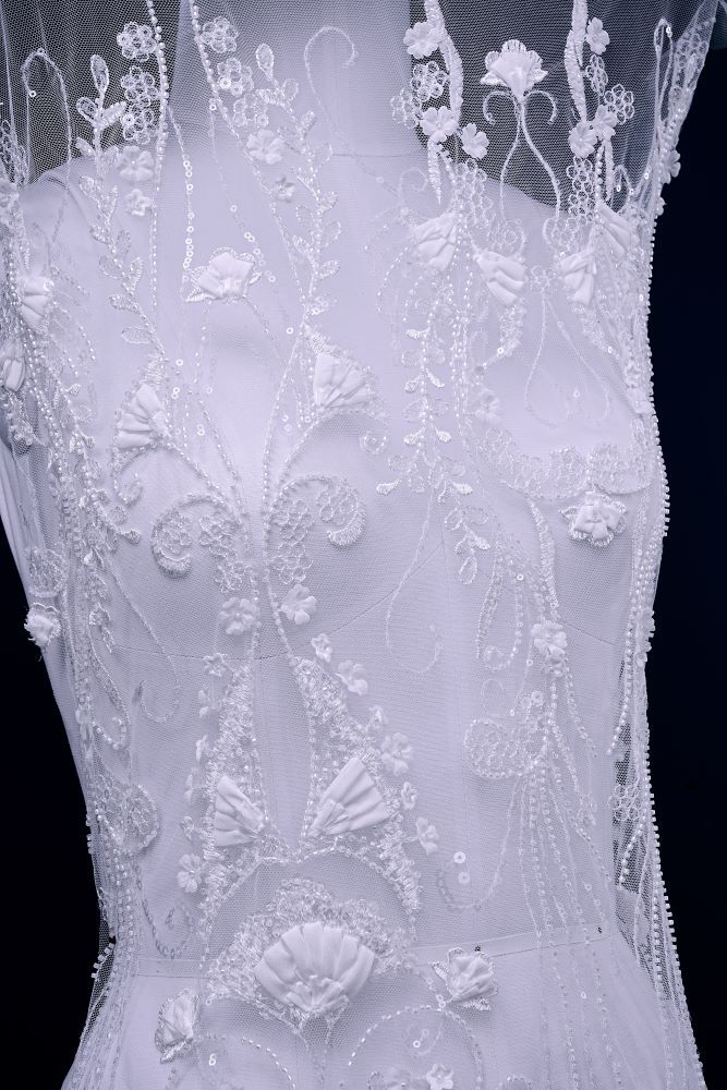 Stunning 3D Floral Embroidery Fabric With Crystal Bead Petal Tulle Mesh Fabric Glitter Wedding Dress