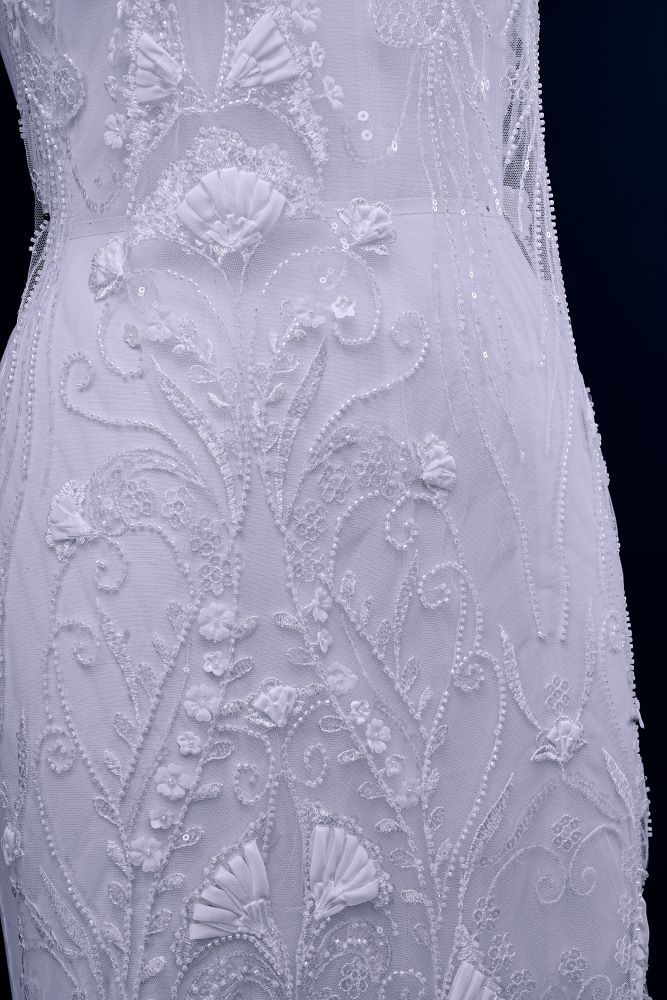 Stunning 3D Floral Embroidery Fabric With Crystal Bead Petal Tulle Mesh Fabric Glitter Wedding Dress