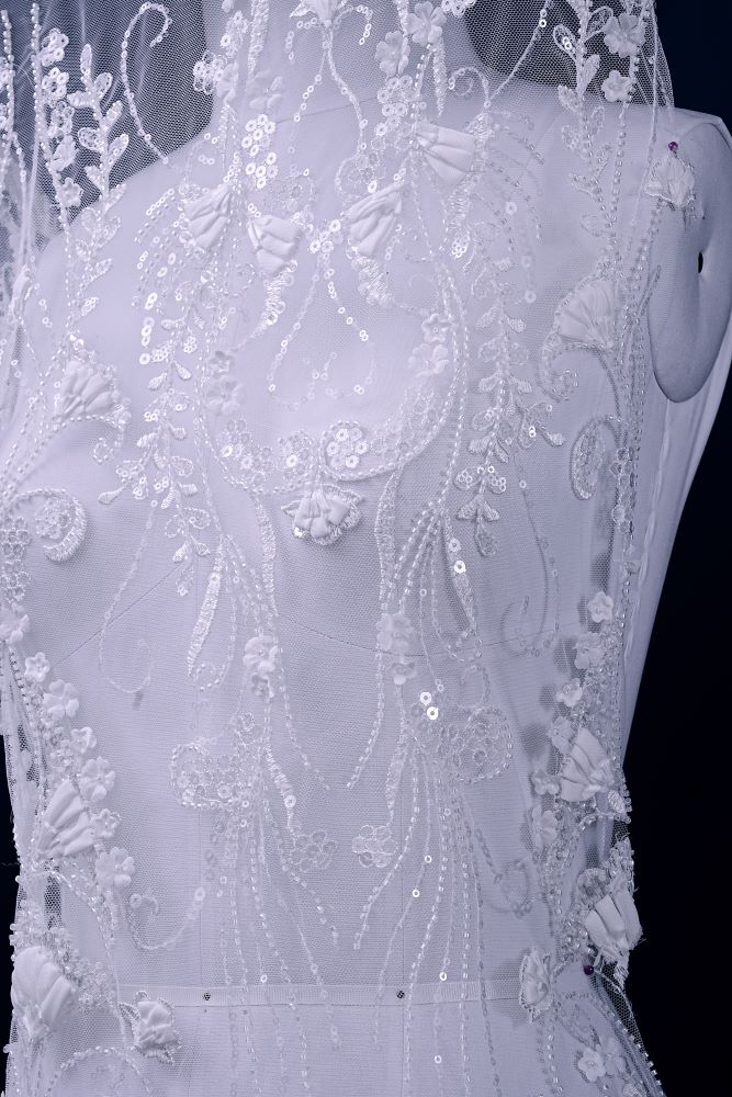 Stunning 3D Floral Embroidery Fabric With Crystal Bead Petal Tulle Mesh Fabric Glitter Wedding Dress