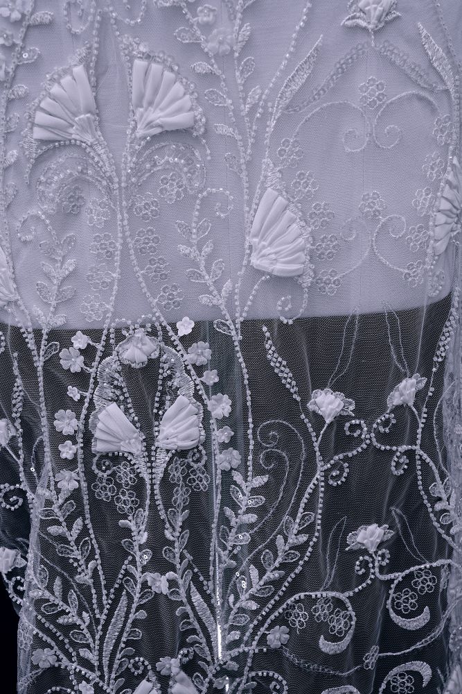 Stunning 3D Floral Embroidery Fabric With Crystal Bead Petal Tulle Mesh Fabric Glitter Wedding Dress