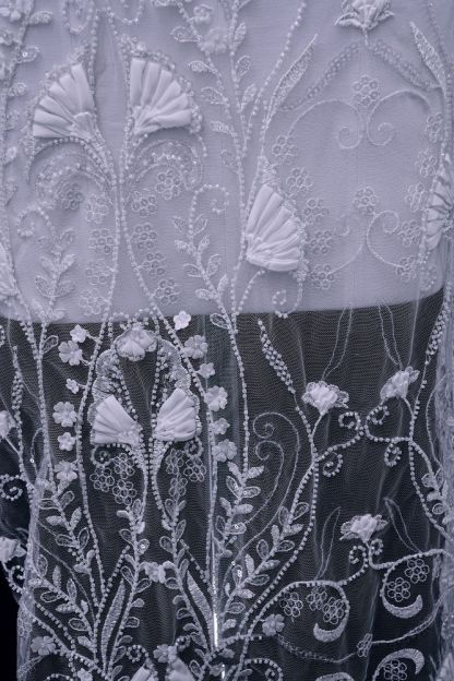 Stunning 3D Floral Embroidery Fabric With Crystal Bead Petal Tulle Mesh Fabric Glitter Wedding Dress