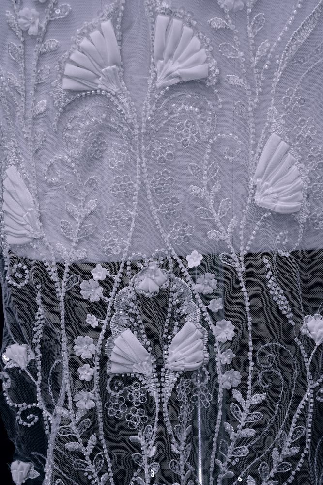 Stunning 3D Floral Embroidery Fabric With Crystal Bead Petal Tulle Mesh Fabric Glitter Wedding Dress