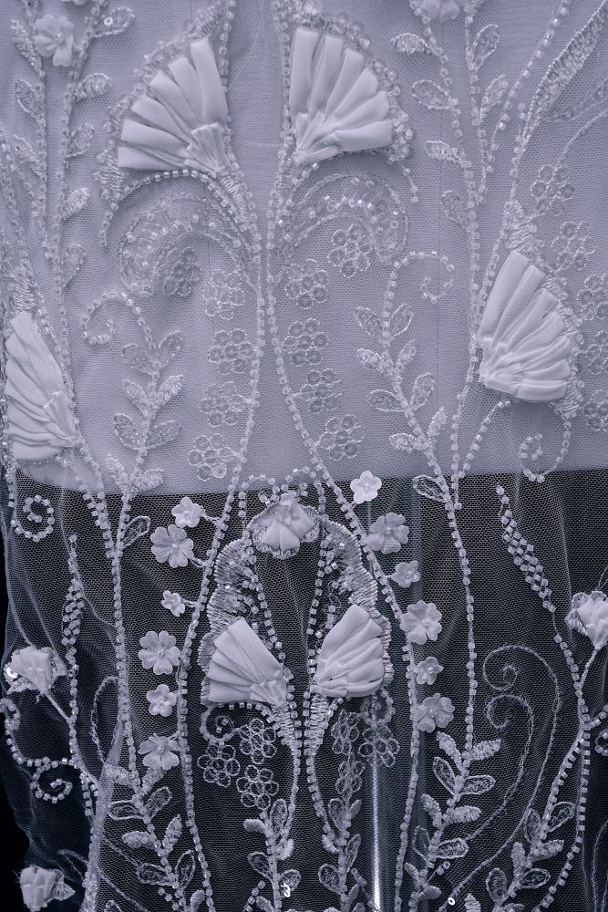 Stunning 3D Floral Embroidery Fabric With Crystal Bead Petal Tulle Mesh Fabric Glitter Wedding Dress