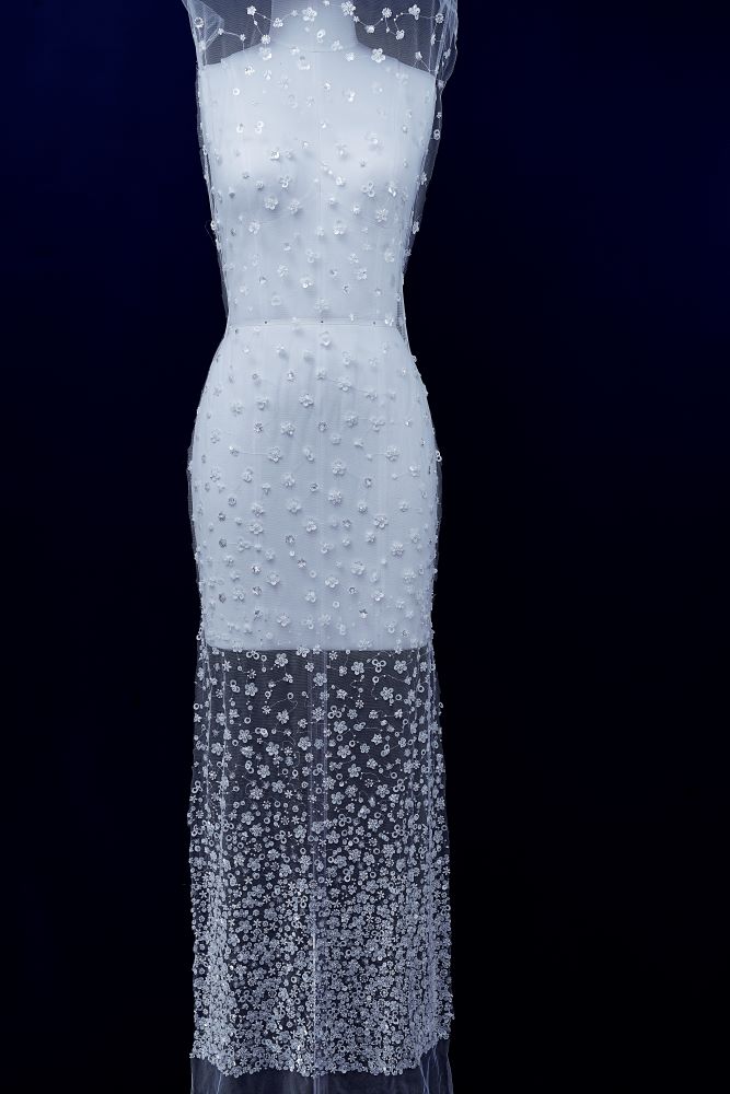 Luxury Embroidered 3D Floral Tulle Fabric Stunning 3D Petal Fabric With Crystal Pearl Sparkling Sequin Wedding Dress