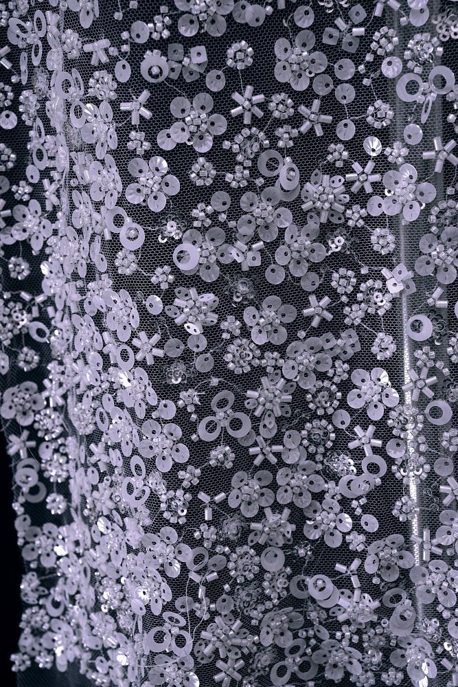 Luxury Embroidered 3D Floral Tulle Fabric Stunning 3D Petal Fabric With Crystal Pearl Sparkling Sequin Wedding Dress