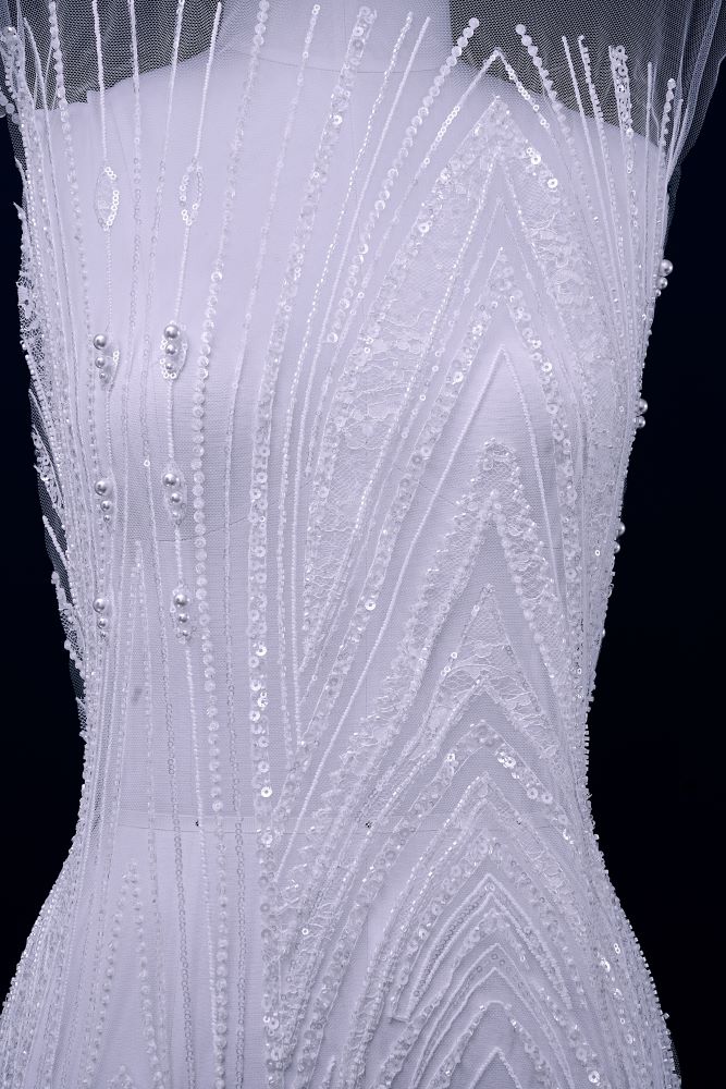 Gorgeous Sequin Fabric With Embroidery Sparkly Sequin Crystal Beaded Tulle Fabric Elegant Bead and Sequin Pattern Wedding Dress for Brides