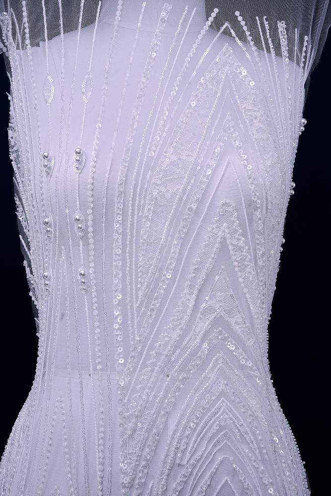 Gorgeous Sequin Fabric With Embroidery Sparkly Sequin Crystal Beaded Tulle Fabric Elegant Bead and Sequin Pattern Wedding Dress for Brides