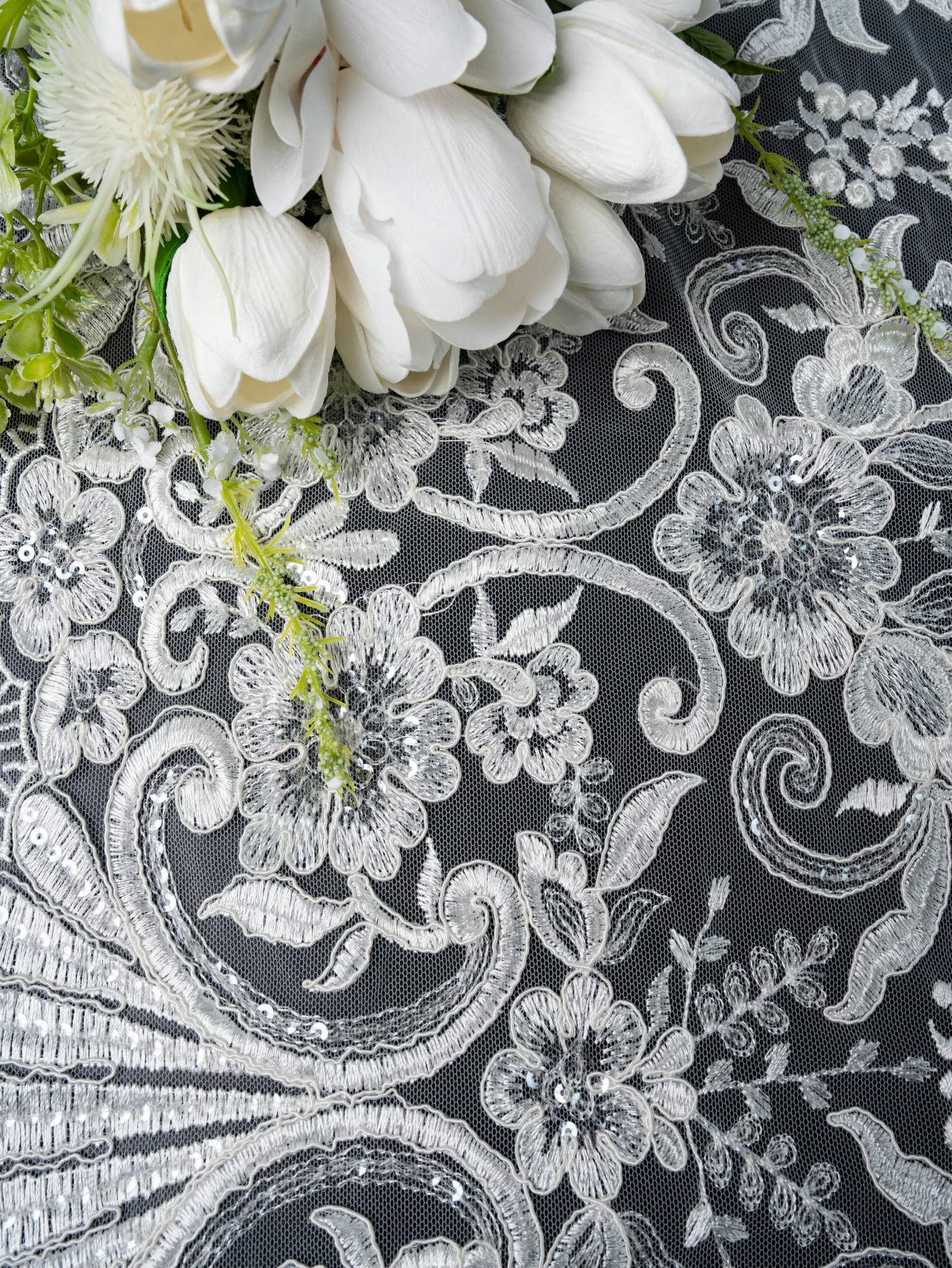 Sita Lace, sitalace, Lace Fabric, Feature Fabric, Tulle Fabric, Beaded Fabric, Sequined Fabric, Embroidery Fabric, Wedding Dress, Bridal Gown, Bridal Veil, Beads, Sequins, Feather Fabrics, Feather, 3D Flowers, Floral, Blossom Flowers, Flower Petal,