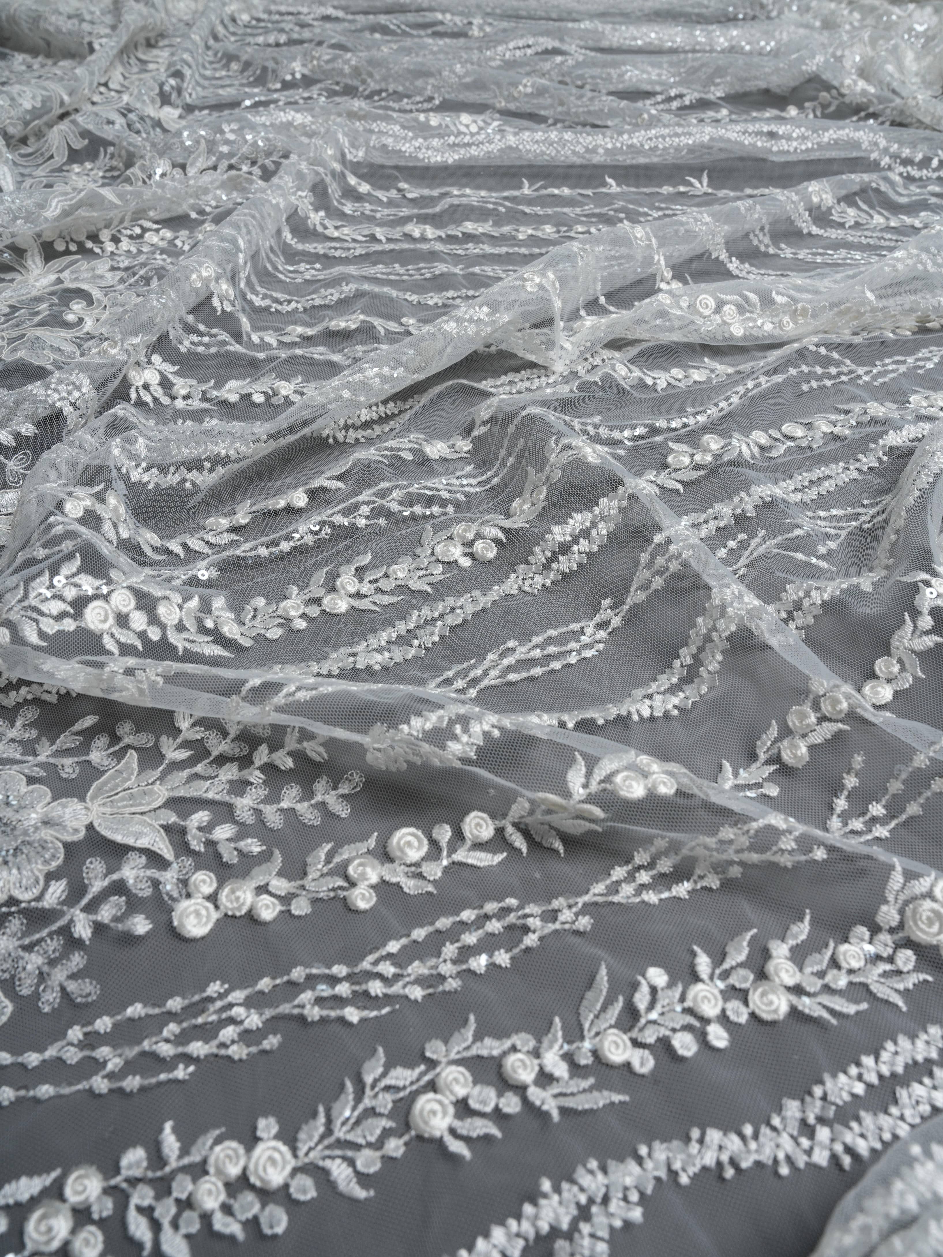 Sita Lace, sitalace, Lace Fabric, Feature Fabric, Tulle Fabric, Beaded Fabric, Sequined Fabric, Embroidery Fabric, Wedding Dress, Bridal Gown, Bridal Veil, Beads, Sequins, Feather Fabrics, Feather, 3D Flowers, Floral, Blossom Flowers, Flower Petal,