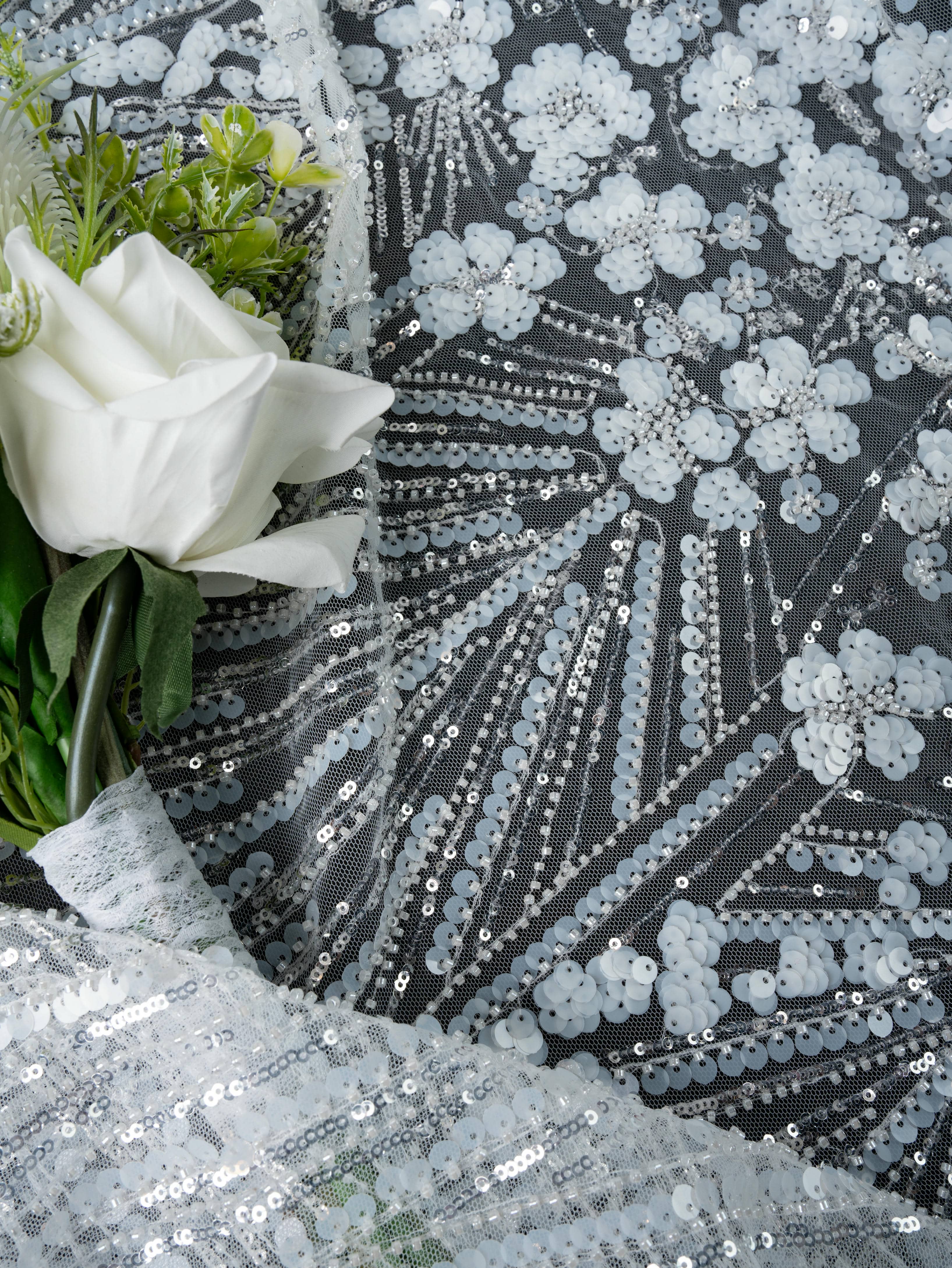 Sita Lace, sitalace, Lace Fabric, Feature Fabric, Tulle Fabric, Beaded Fabric, Sequined Fabric, Embroidery Fabric, Wedding Dress, Bridal Gown, Bridal Veil, Beads, Sequins, Feather Fabrics, Feather, 3D Flowers, Floral, Blossom Flowers, Flower Petal,