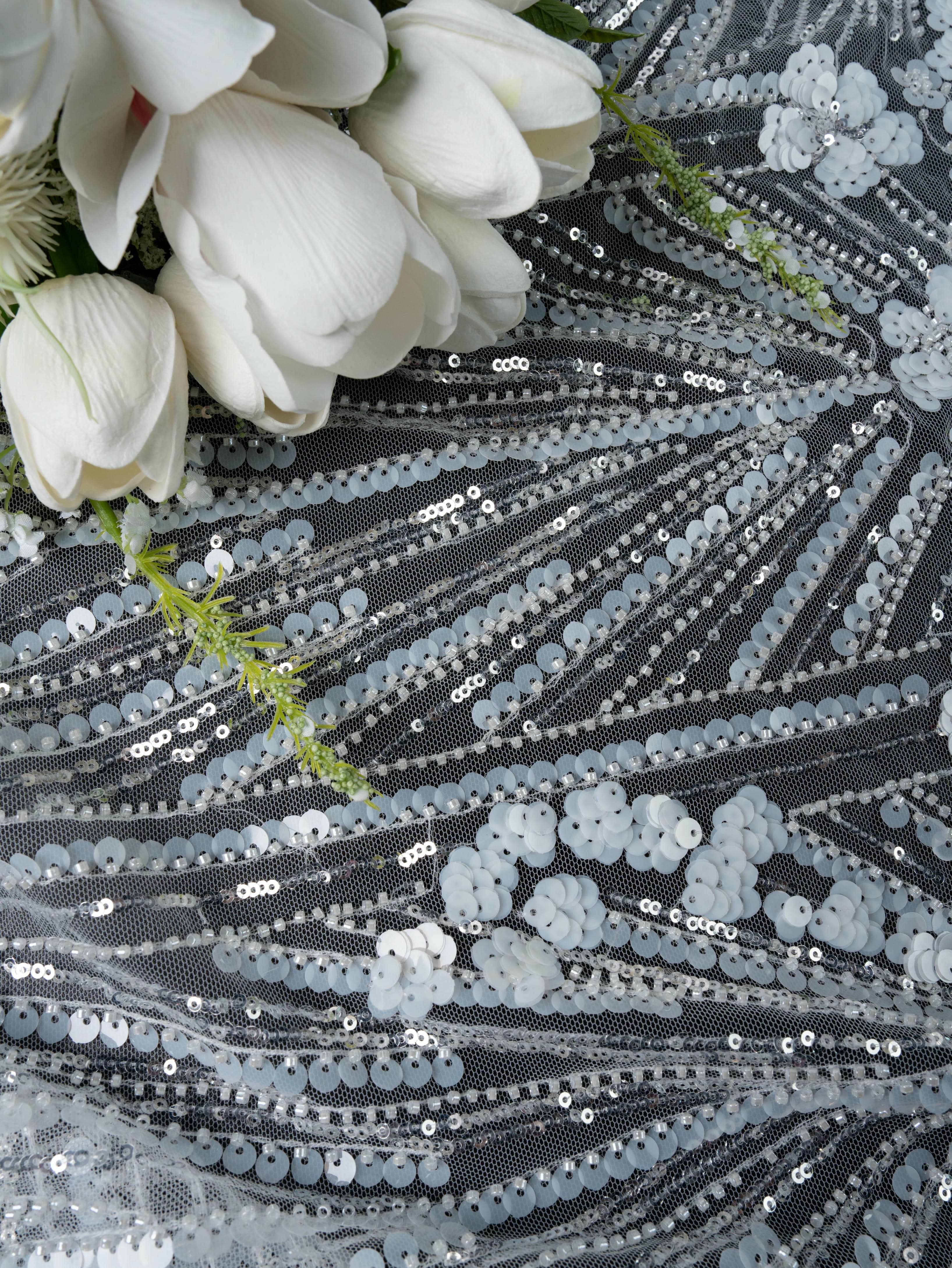 Sita Lace, sitalace, Lace Fabric, Feature Fabric, Tulle Fabric, Beaded Fabric, Sequined Fabric, Embroidery Fabric, Wedding Dress, Bridal Gown, Bridal Veil, Beads, Sequins, Feather Fabrics, Feather, 3D Flowers, Floral, Blossom Flowers, Flower Petal,