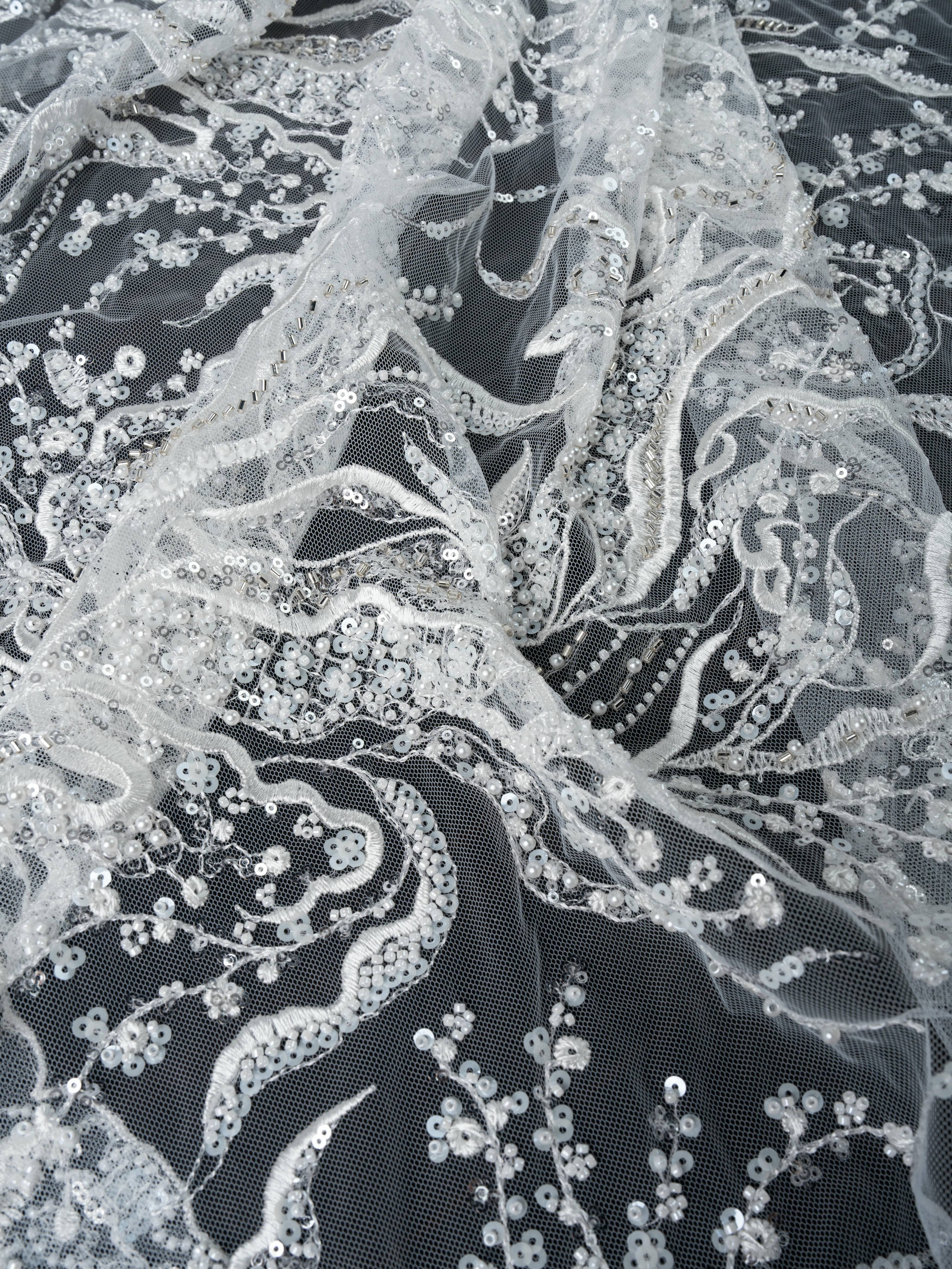 Sita Lace, sitalace, Lace Fabric, Feature Fabric, Tulle Fabric, Beaded Fabric, Sequined Fabric, Embroidery Fabric, Wedding Dress, Bridal Gown, Bridal Veil, Beads, Sequins, Feather Fabrics, Feather, 3D Flowers, Floral, Blossom Flowers, Flower Petal,