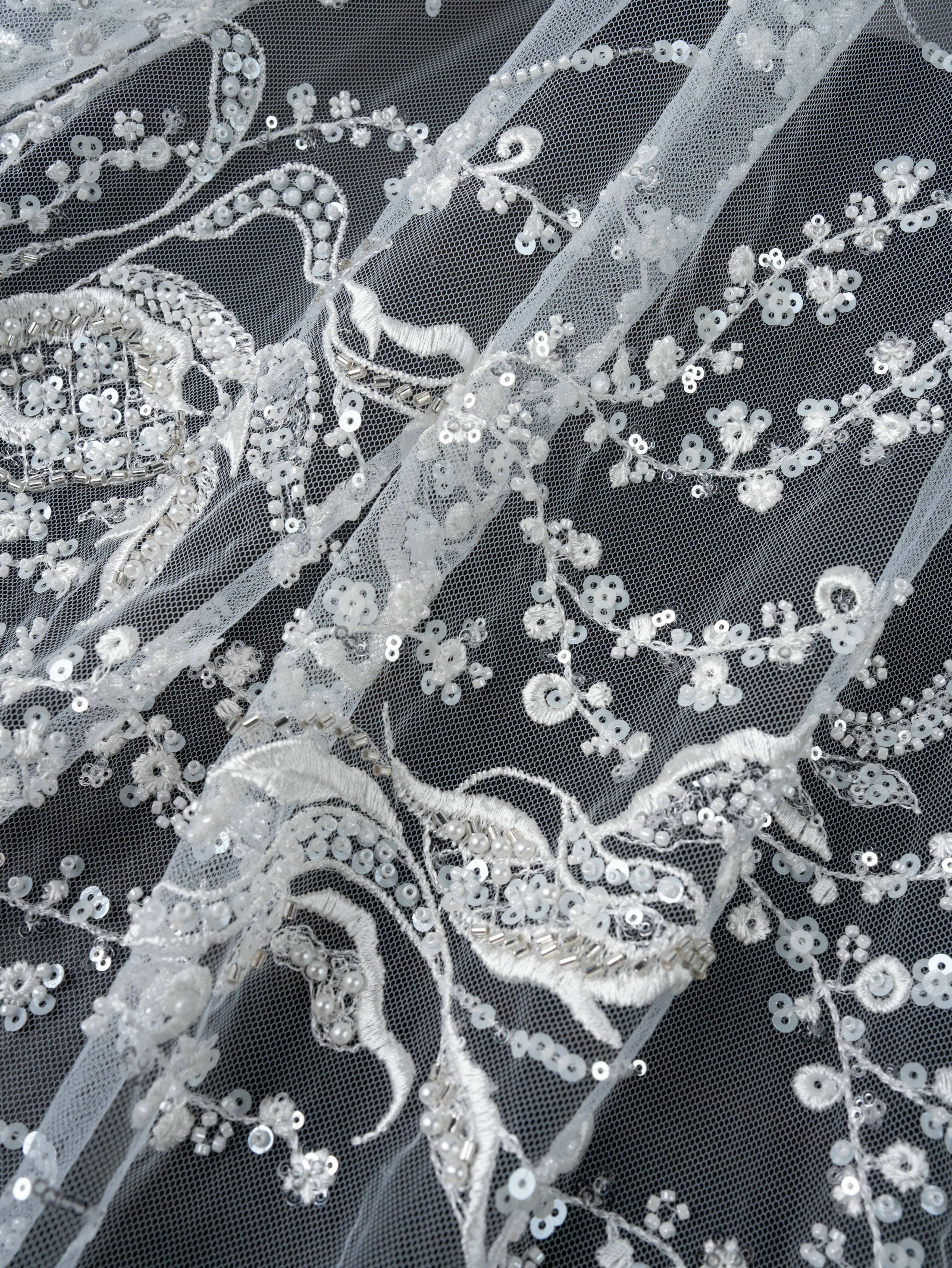 Sita Lace, sitalace, Lace Fabric, Feature Fabric, Tulle Fabric, Beaded Fabric, Sequined Fabric, Embroidery Fabric, Wedding Dress, Bridal Gown, Bridal Veil, Beads, Sequins, Feather Fabrics, Feather, 3D Flowers, Floral, Blossom Flowers, Flower Petal,