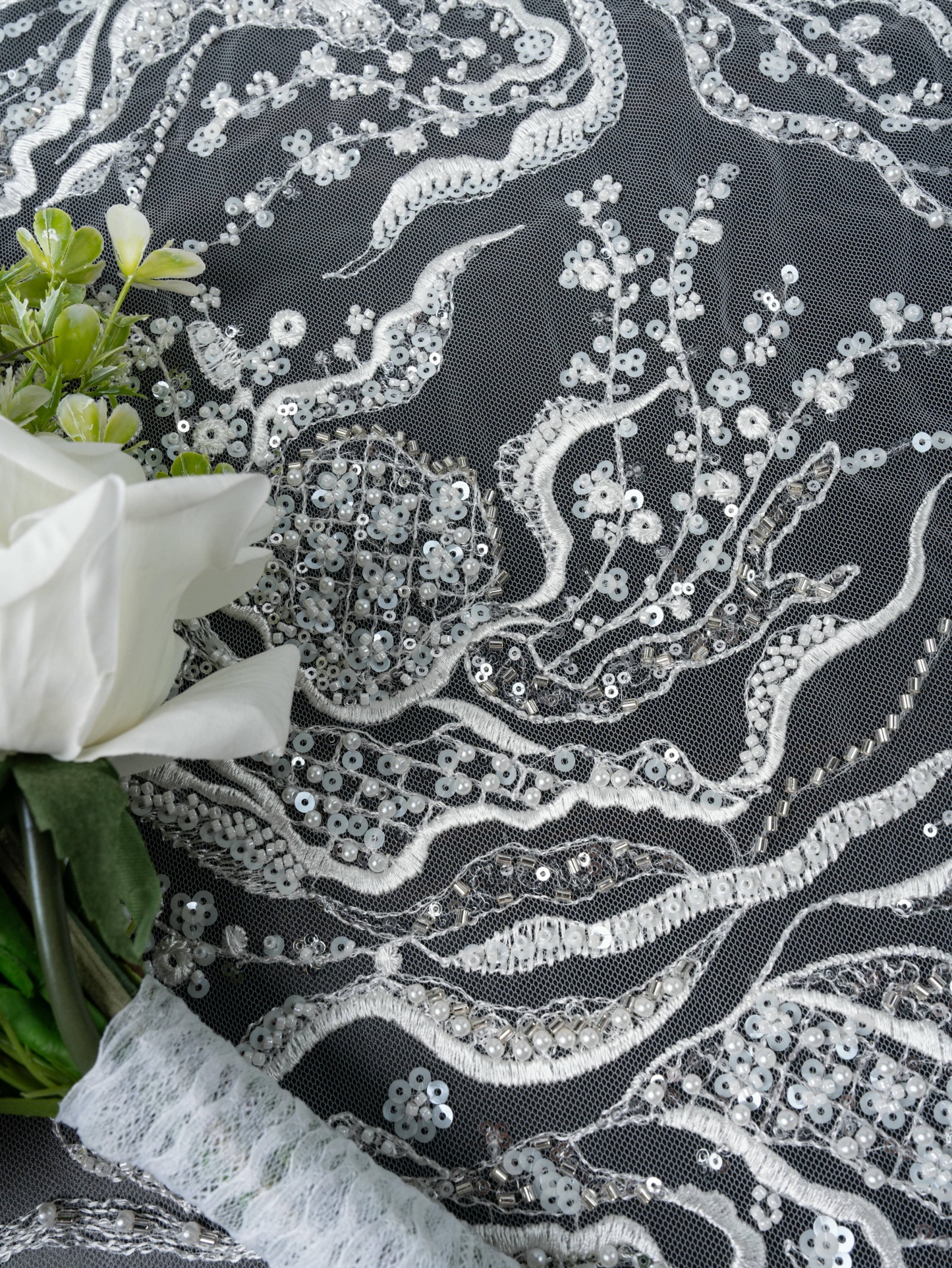 Sita Lace, sitalace, Lace Fabric, Feature Fabric, Tulle Fabric, Beaded Fabric, Sequined Fabric, Embroidery Fabric, Wedding Dress, Bridal Gown, Bridal Veil, Beads, Sequins, Feather Fabrics, Feather, 3D Flowers, Floral, Blossom Flowers, Flower Petal,
