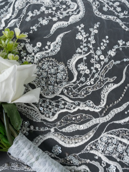 Sita Lace, sitalace, Lace Fabric, Feature Fabric, Tulle Fabric, Beaded Fabric, Sequined Fabric, Embroidery Fabric, Wedding Dress, Bridal Gown, Bridal Veil, Beads, Sequins, Feather Fabrics, Feather, 3D Flowers, Floral, Blossom Flowers, Flower Petal,
