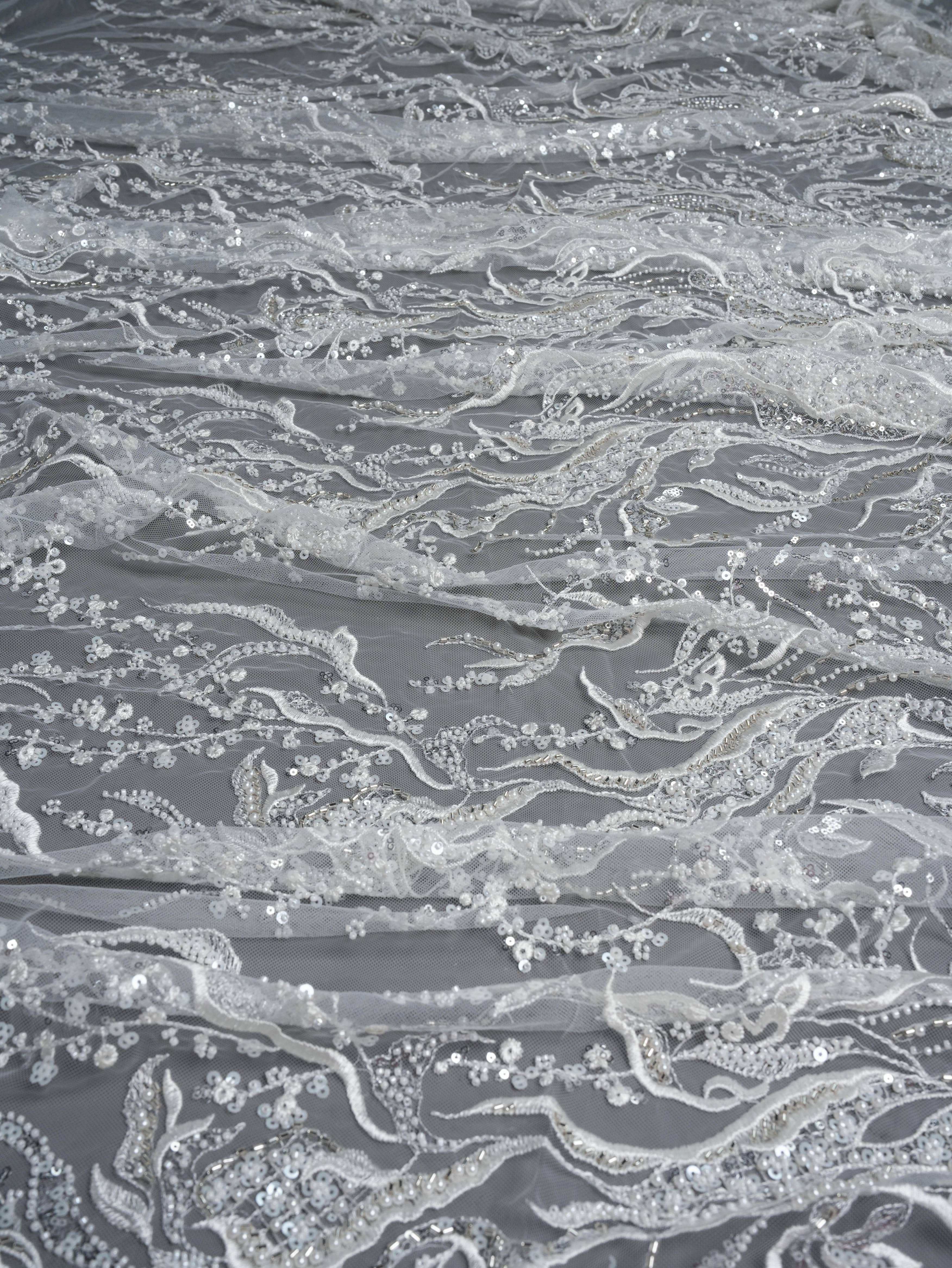 Sita Lace, sitalace, Lace Fabric, Feature Fabric, Tulle Fabric, Beaded Fabric, Sequined Fabric, Embroidery Fabric, Wedding Dress, Bridal Gown, Bridal Veil, Beads, Sequins, Feather Fabrics, Feather, 3D Flowers, Floral, Blossom Flowers, Flower Petal,