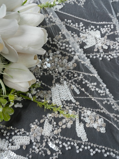 Sita Lace, sitalace, Lace Fabric, Feature Fabric, Tulle Fabric, Beaded Fabric, Sequined Fabric, Embroidery Fabric, Wedding Dress, Bridal Gown, Bridal Veil, Beads, Sequins, Feather Fabrics, Feather, 3D Flowers, Floral, Blossom Flowers, Flower Petal,