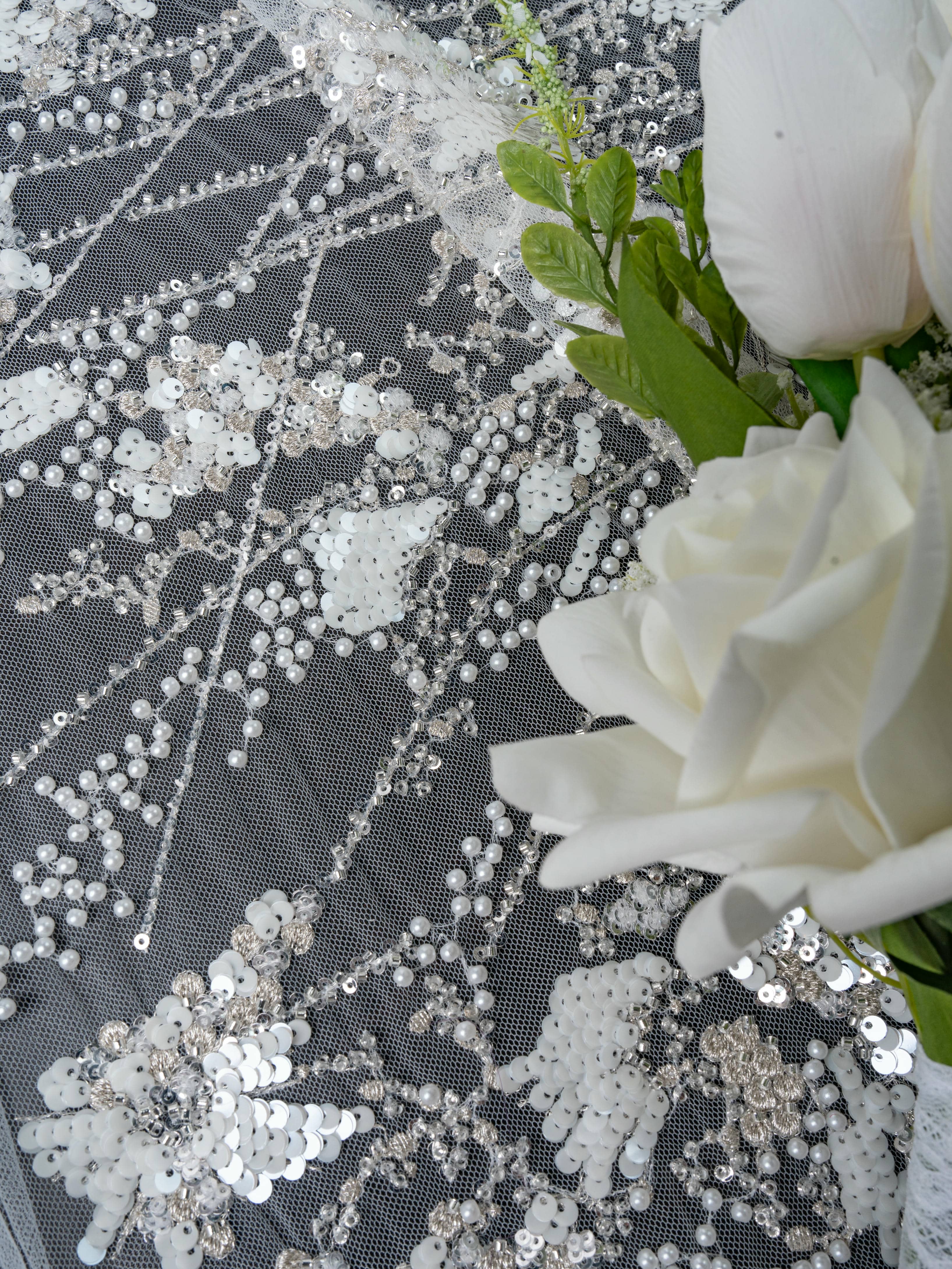 Sita Lace, sitalace, Lace Fabric, Feature Fabric, Tulle Fabric, Beaded Fabric, Sequined Fabric, Embroidery Fabric, Wedding Dress, Bridal Gown, Bridal Veil, Beads, Sequins, Feather Fabrics, Feather, 3D Flowers, Floral, Blossom Flowers, Flower Petal,