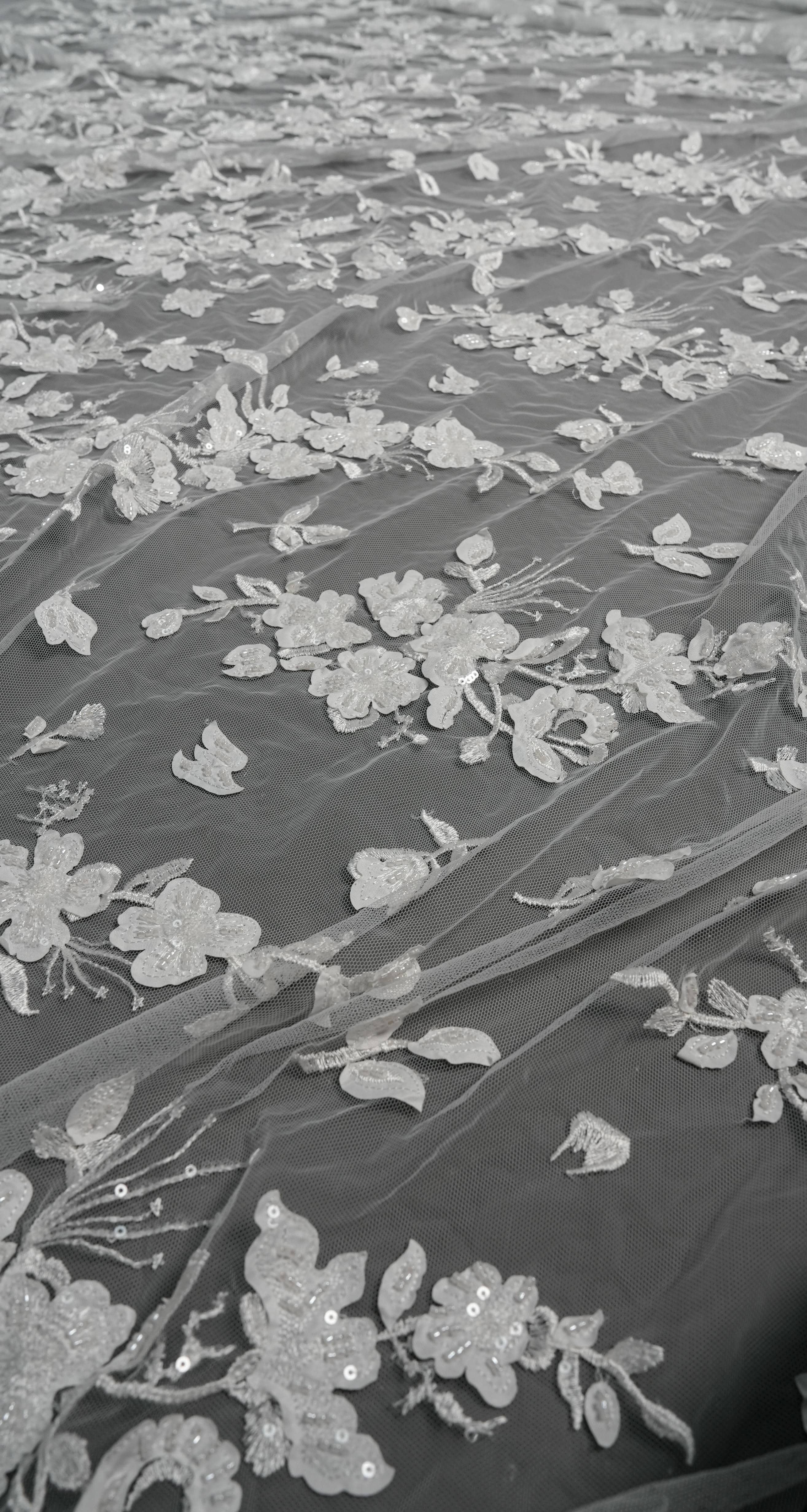 Sita Lace, sitalace, Lace Fabric, Feature Fabric, Tulle Fabric, Beaded Fabric, Sequined Fabric, Embroidery Fabric, Wedding Dress, Bridal Gown, Bridal Veil, Beads, Sequins, Feather Fabrics, Feather, 3D Flowers, Floral, Blossom Flowers, Flower Petal,