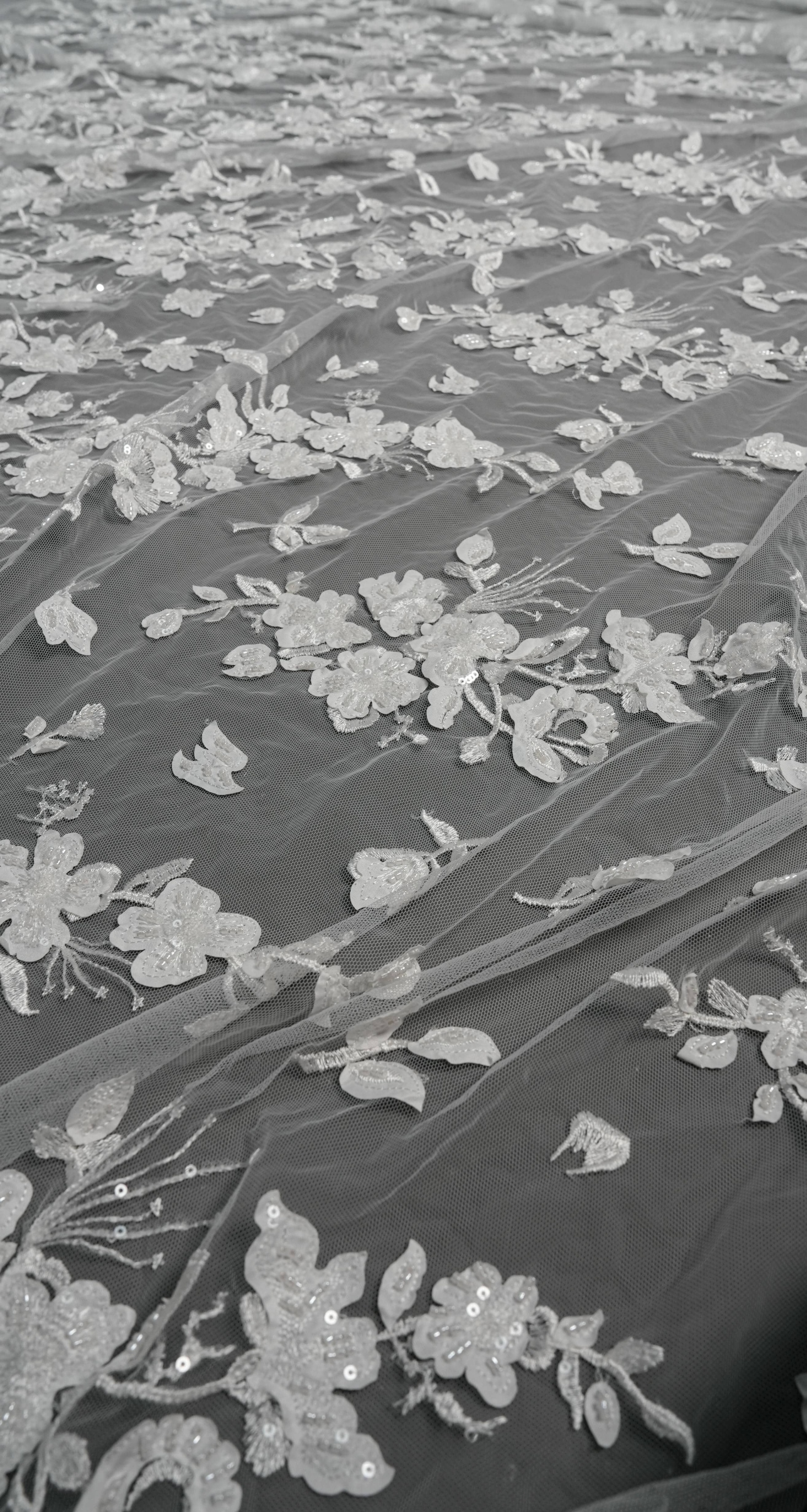 Sita Lace, sitalace, Lace Fabric, Feature Fabric, Tulle Fabric, Beaded Fabric, Sequined Fabric, Embroidery Fabric, Wedding Dress, Bridal Gown, Bridal Veil, Beads, Sequins, Feather Fabrics, Feather, 3D Flowers, Floral, Blossom Flowers, Flower Petal,