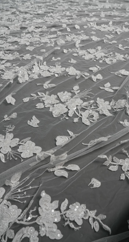 Sita Lace, sitalace, Lace Fabric, Feature Fabric, Tulle Fabric, Beaded Fabric, Sequined Fabric, Embroidery Fabric, Wedding Dress, Bridal Gown, Bridal Veil, Beads, Sequins, Feather Fabrics, Feather, 3D Flowers, Floral, Blossom Flowers, Flower Petal,