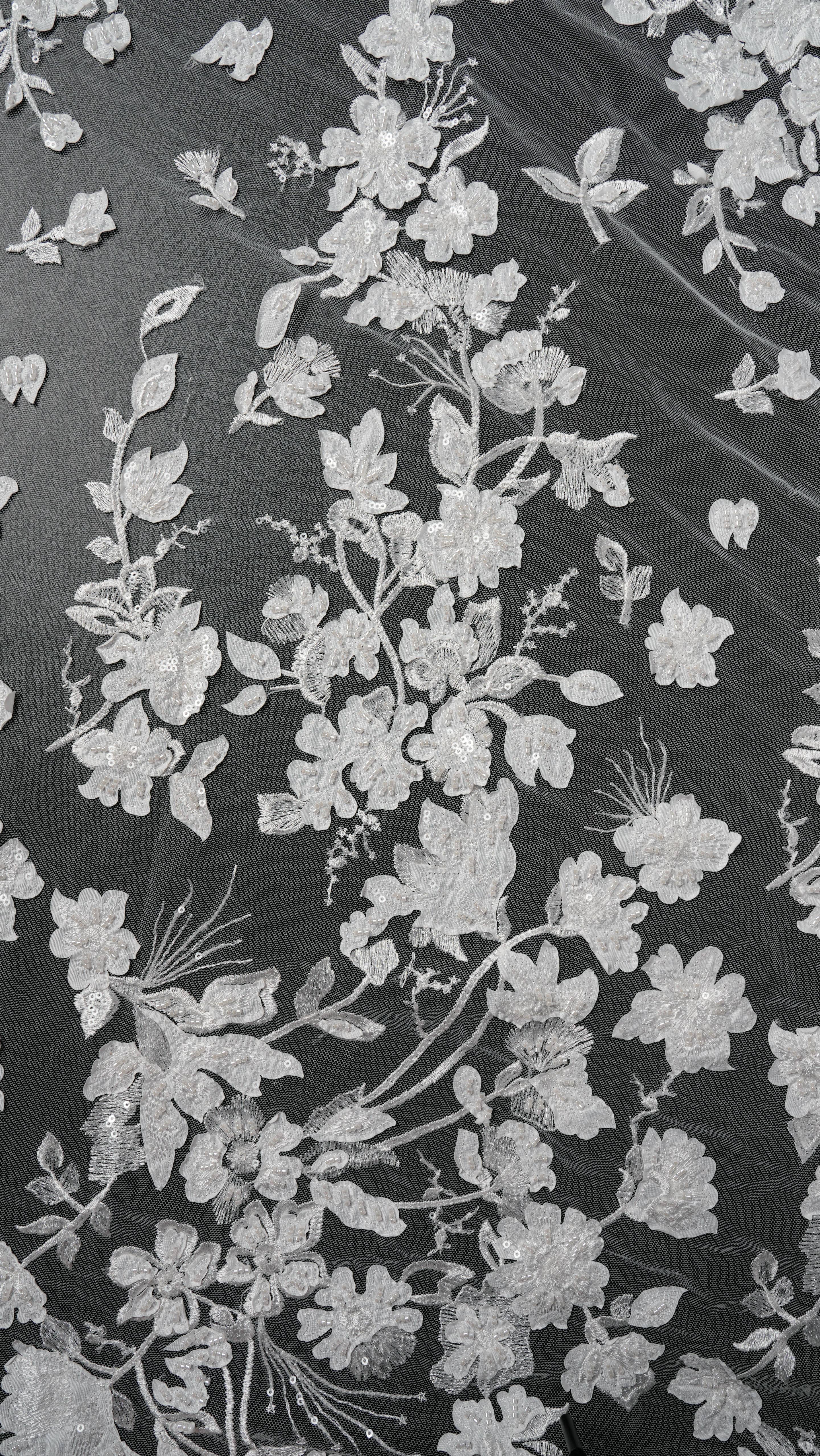 Sita Lace, sitalace, Lace Fabric, Feature Fabric, Tulle Fabric, Beaded Fabric, Sequined Fabric, Embroidery Fabric, Wedding Dress, Bridal Gown, Bridal Veil, Beads, Sequins, Feather Fabrics, Feather, 3D Flowers, Floral, Blossom Flowers, Flower Petal,