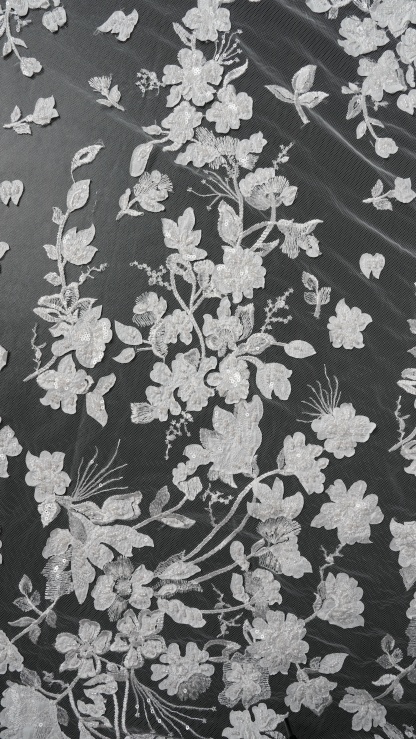 Sita Lace, sitalace, Lace Fabric, Feature Fabric, Tulle Fabric, Beaded Fabric, Sequined Fabric, Embroidery Fabric, Wedding Dress, Bridal Gown, Bridal Veil, Beads, Sequins, Feather Fabrics, Feather, 3D Flowers, Floral, Blossom Flowers, Flower Petal,